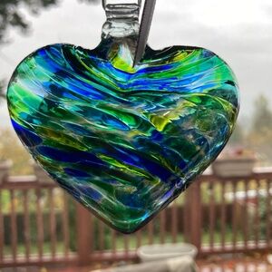 Share  Beautiful Hand Blown Glass Heart - Blue & Green Textured